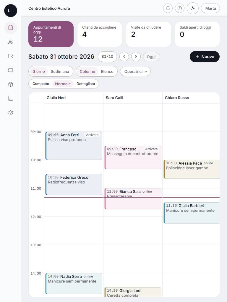 Agenda su tablet: schermata di lumora con dati di esempio