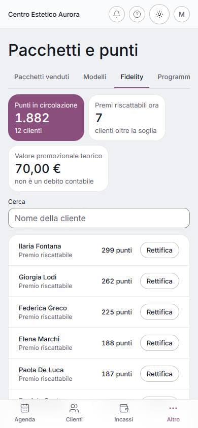 Fidelity a punti su telefono: schermata di lumora con dati di esempio
