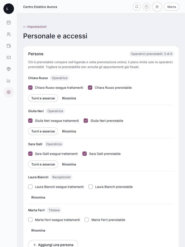 Personale e turni su tablet: schermata di lumora con dati di esempio