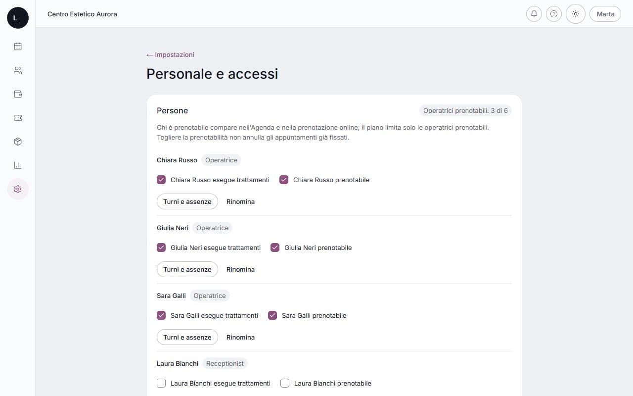 Personale e turni su computer: schermata di lumora con dati di esempio