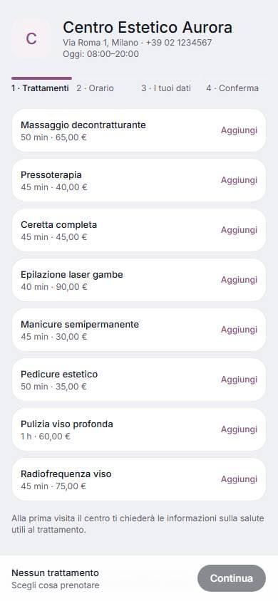 Prenotazione online su telefono: schermata di lumora con dati di esempio