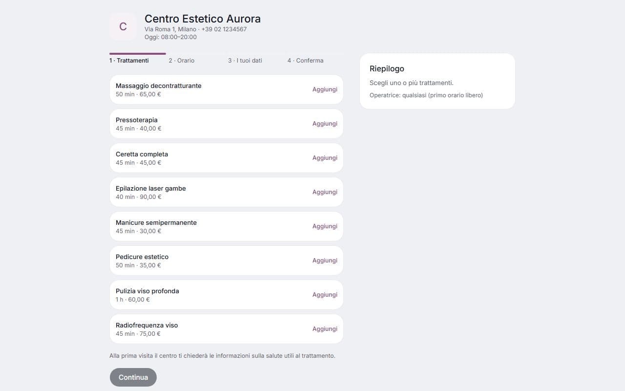 Prenotazione online su computer: schermata di lumora con dati di esempio