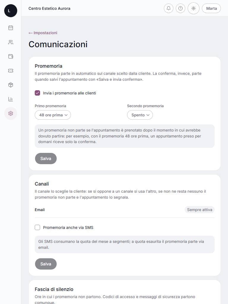 Promemoria e conferme su tablet: schermata di lumora con dati di esempio