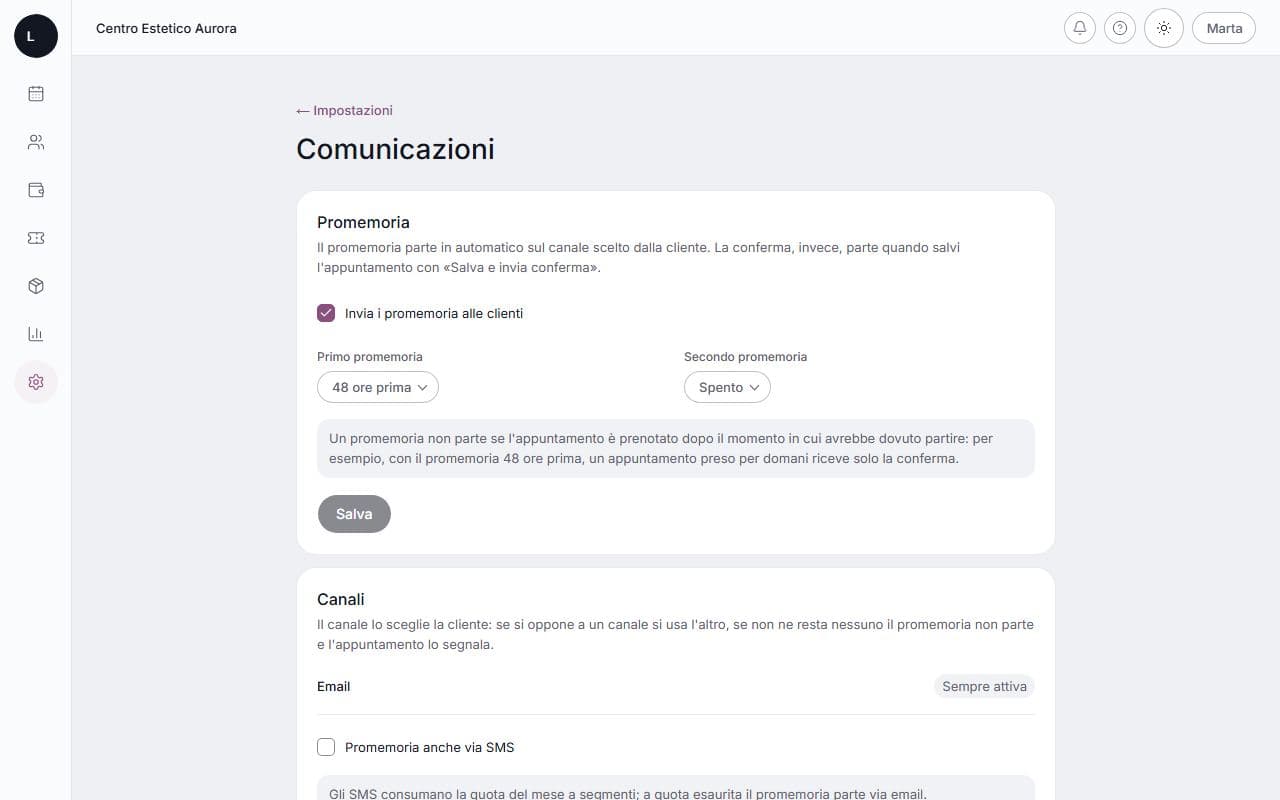 Promemoria e conferme su computer: schermata di lumora con dati di esempio
