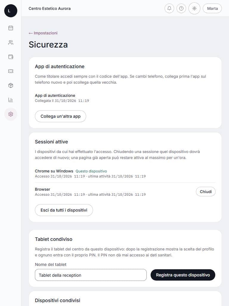 Sicurezza e privacy su tablet: schermata di lumora con dati di esempio
